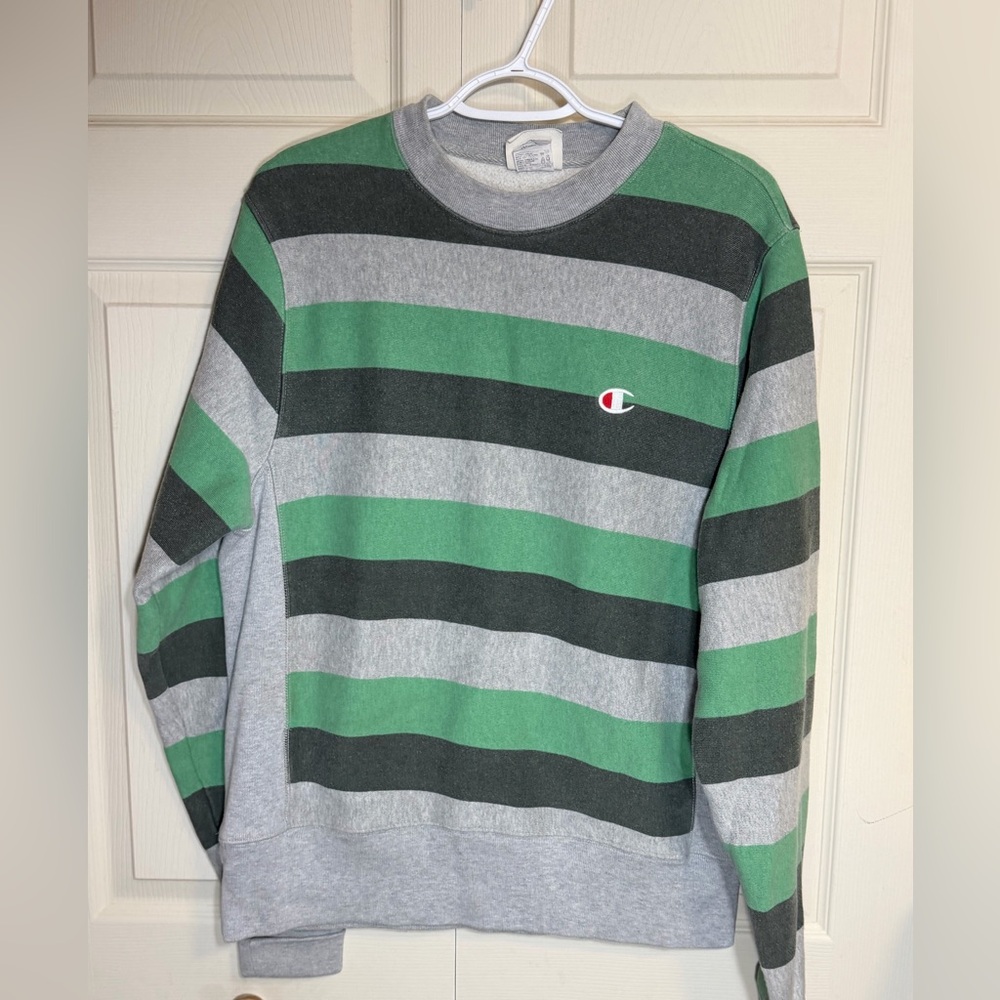 SOLD Champion Men's medium reverse weave Striped green and gray sweatshirt